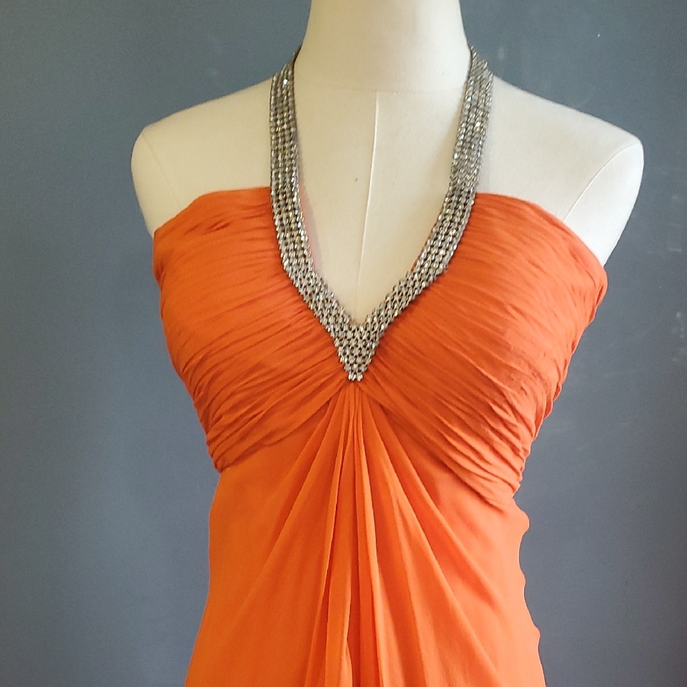 Vtg Niteline Chic Orange Silk Gown with Silver Accents - Picture 4 of 16